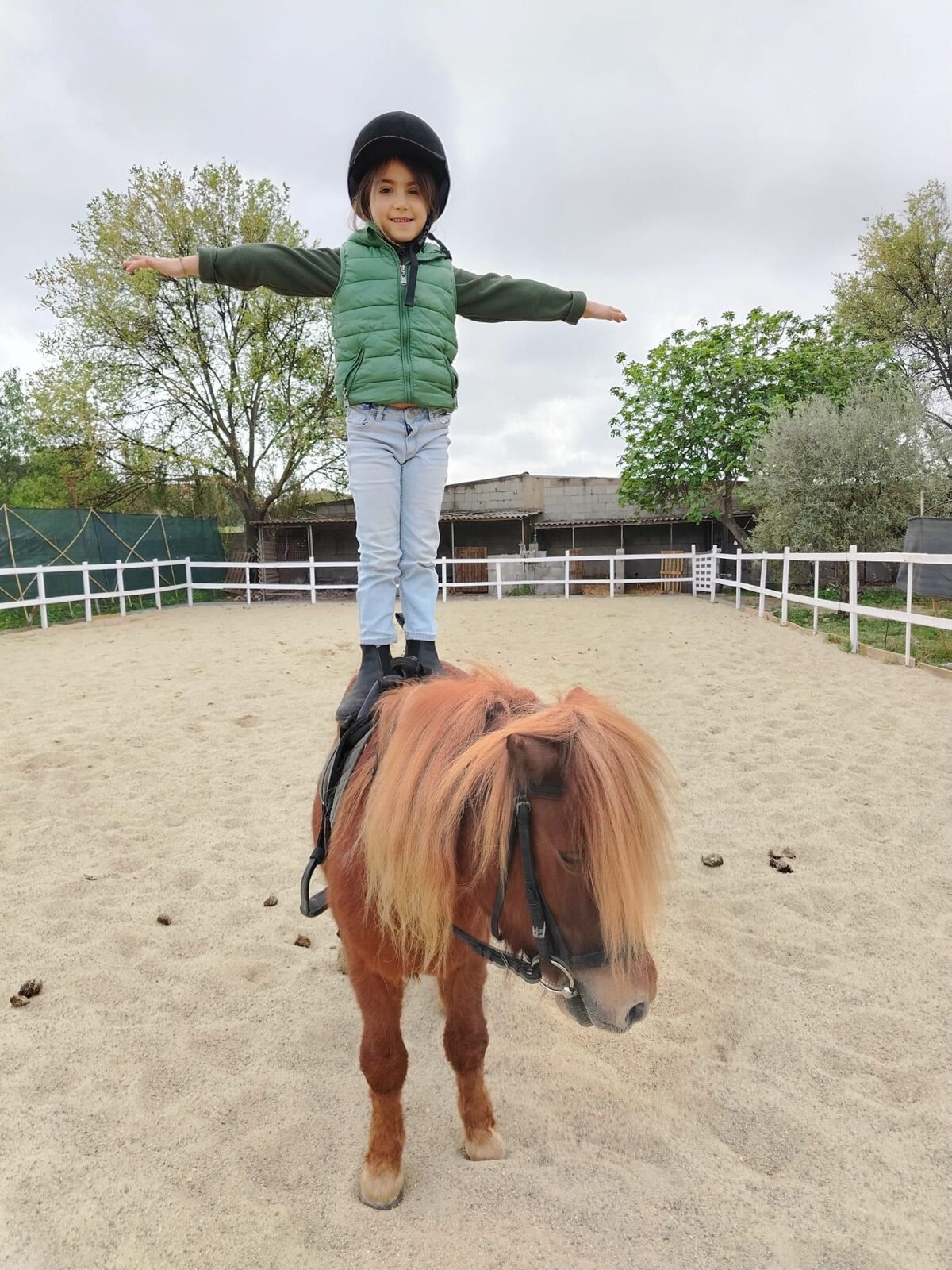 Bambina in equilibrio sul pony